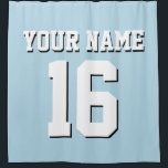 Powder Blue White Sports Jersey Team Jersey Shower Curtain<br><div class="desc">Preppy Solid Colour Team Jersey / Sports Jersey / Football Jersey / Rugby Jersey with Custom Name Customise this with your own name or team name and a number. You can change the size, colour and placement of the text if you need to make changes, change the colour of or...</div>