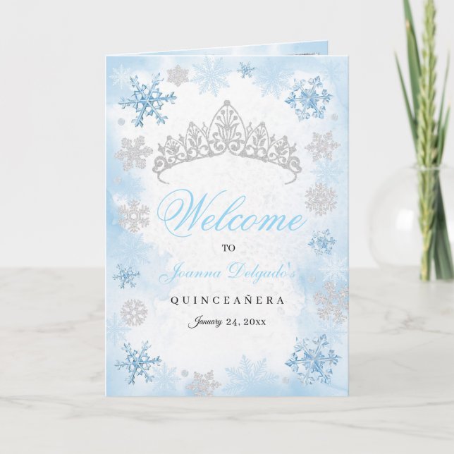 Powder Blue Winter Wonderland Quinceanera Program Invitation (Front)