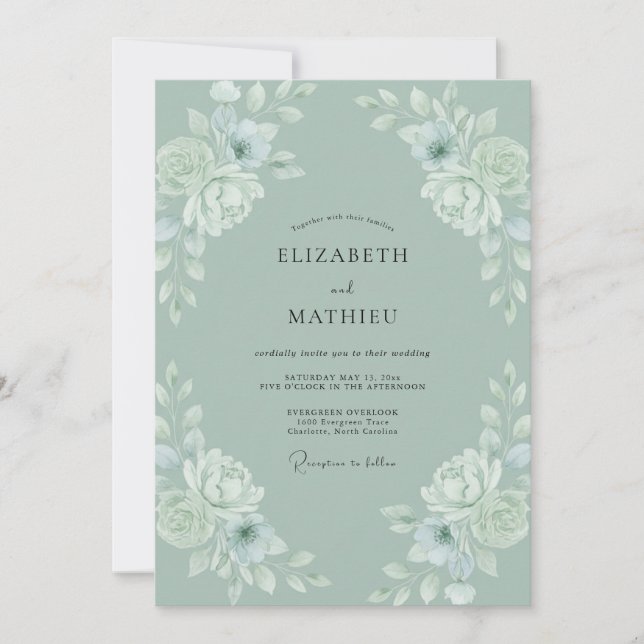 Powder Celadon Peony Wedding Invitation (Front)