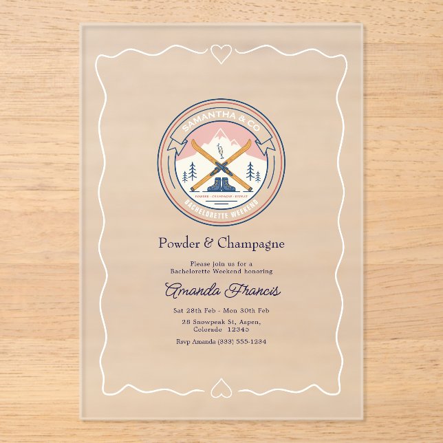 Powder & Champagne Ski Bachelorette Weekend Acrylic Invitations (Front)