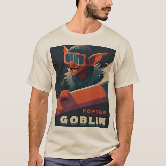 Powder Goblin Retro Ski Poster-Style T-Shirt (Front)