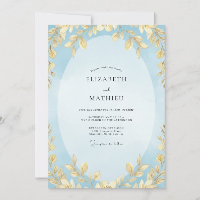 Powder Gold Leafy Wedding Invitation (Front)