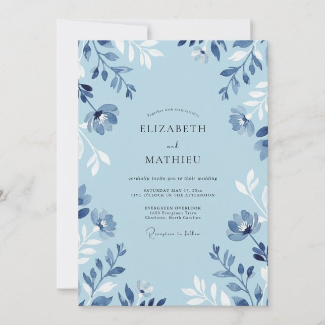 Powder Indigo Foliage Eucalyptus Wedding Invitation (Front)