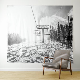 Powder on the Hill // Black and White Skilift Tapestry