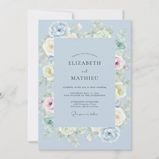 Powder Periwinkle Peony Wedding Invitation (Front)