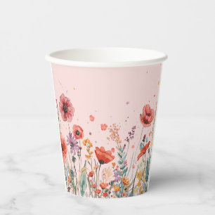 Powder Pink Background with poppies & wild Flowers Paper Cups