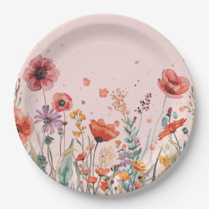 Powder Pink Background with poppies & wild Flowers Paper Plate
