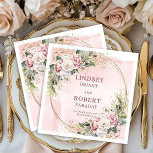 Powder Pink Floral Eucalyptus Gold Glitter Wedding Napkin