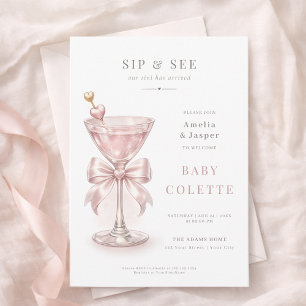 Powder Pink Martini Chic Baby Girl Sip and See Invitation