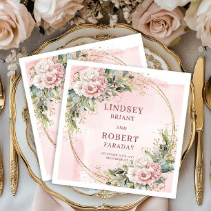 Powder Pink Wedding Floral Gold Glitter Eucalyptus Napkin