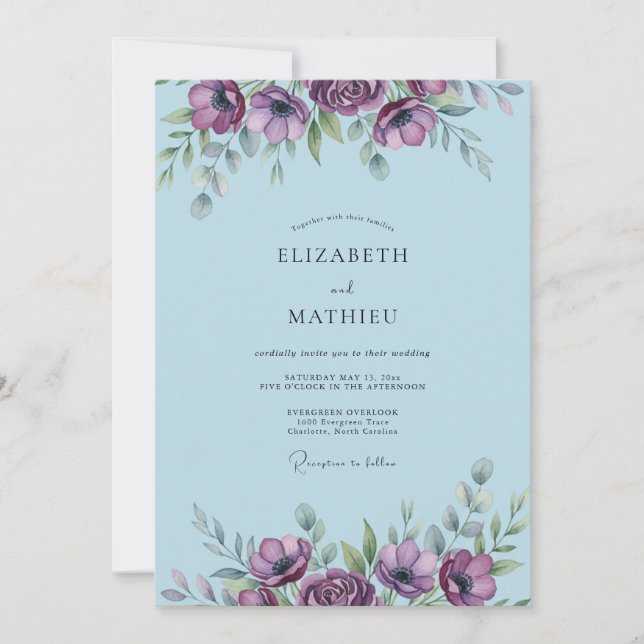 Powder Slate Blue Anemone Wedding Invitation (Front)