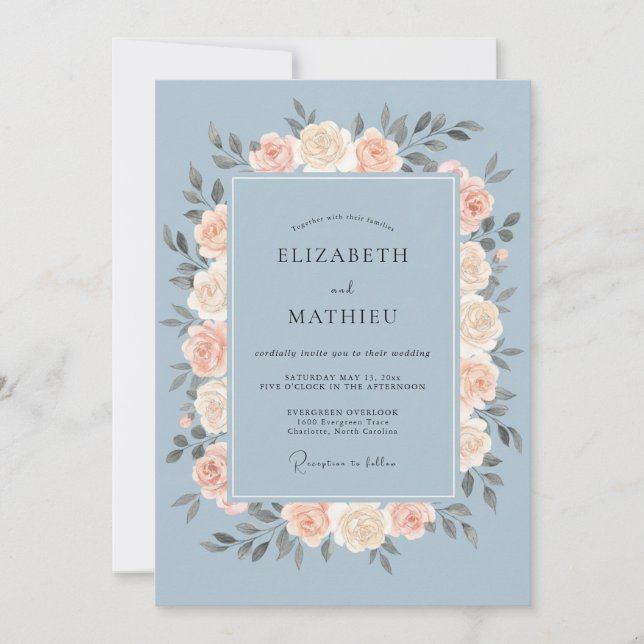 Powder Slate Peony Wedding Invitation (Front)