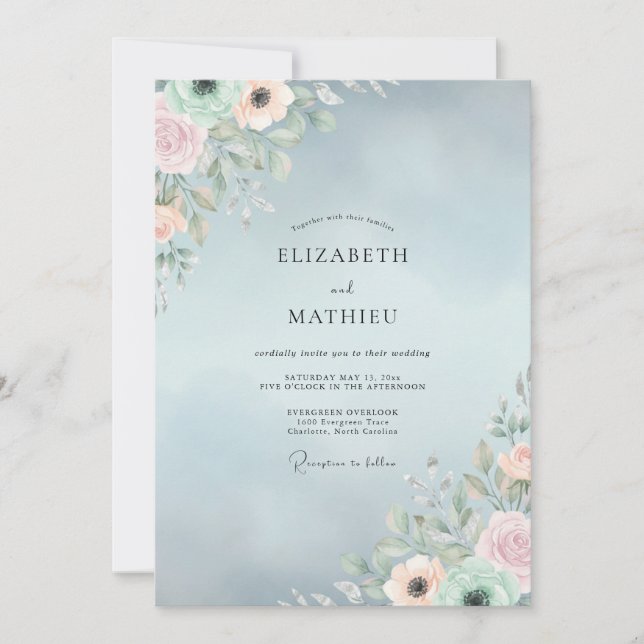 Powder Soft Blue Peony Wedding Invitation (Front)