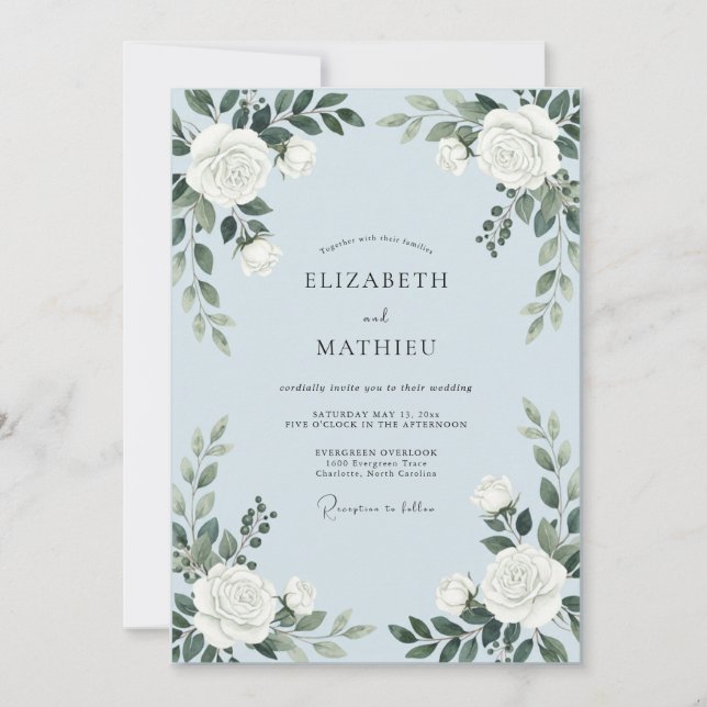 Powder White Leafy Wedding Invitation (Front)