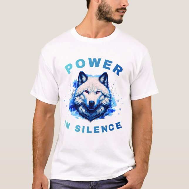 Power in Silence Wolf Blue Art Design T-Shirt (Front)
