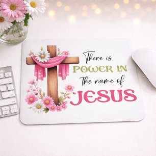 Power in the Name – Floral Cross Christian Mouse Pad
