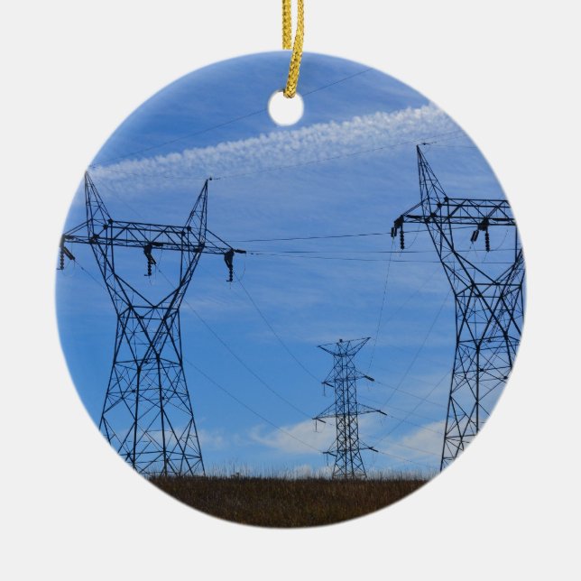 Power lines in blue sky ceramic tree decoration (Front)