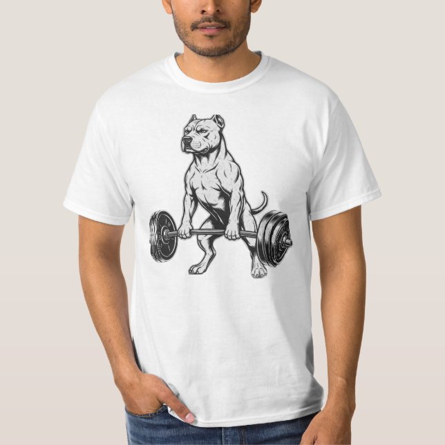 Power Pit Bull Lifting Weights T-Shirt (Front)