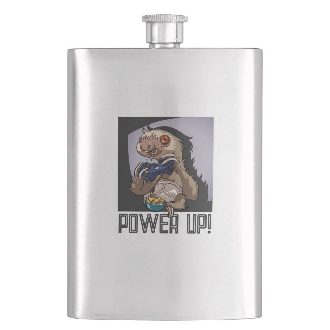 Power Up! Funny Cartoon Sloth Playing Video Games Hip Flask (Front)