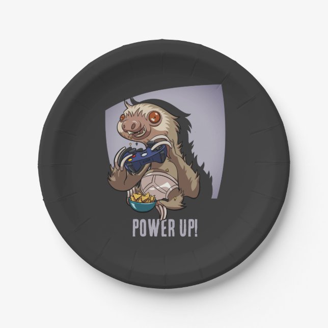 Power Up! Funny Cartoon Sloth Playing Video Games Paper Plate (Front)