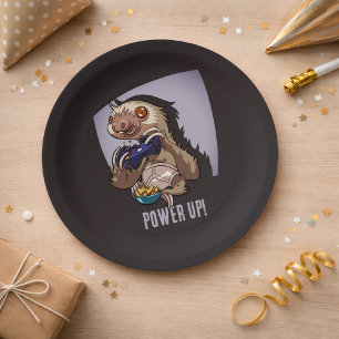 Power Up! Funny Cartoon Sloth Playing Video Games Paper Plate