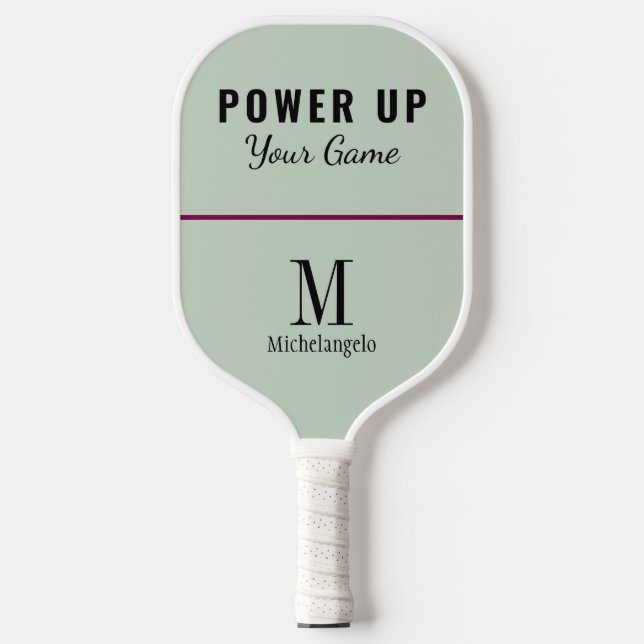 Power up your game | Elegant Monogram Sage Green Pickleball Paddle (Front)