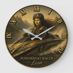 Powerboat Racing Funny Mona Lisa Speedboat Racer Large Clock