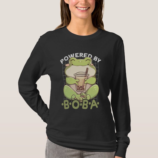 Powered by Boba Frog Kawaii Bubble Tea Anime Neko  T-Shirt (Front)
