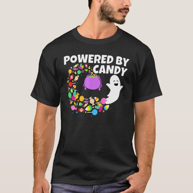 Powered By Candy Happy Flying Ghost Halloween Cost T-Shirt (Front)
