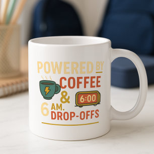 Powered by Coffee & 6 a.m. Drop‑Off Back-to-School Mug
