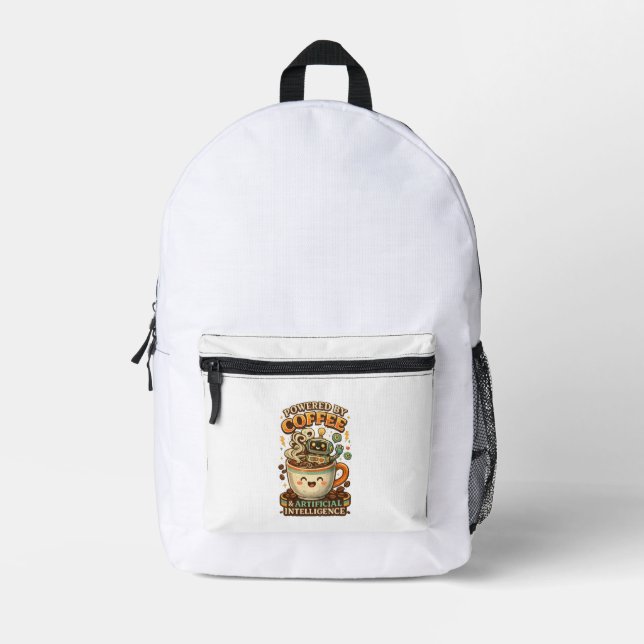 Powered By coffee and AI Retro coffee tech Graphic Printed Backpack (Front)