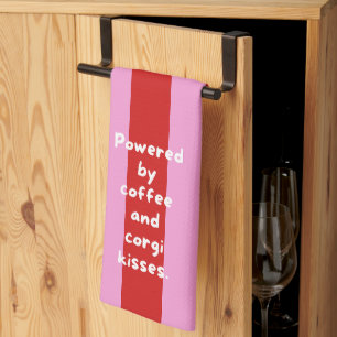 'Powered By Coffee And Corgi Kisses.' Red & Pink  Tea Towel
