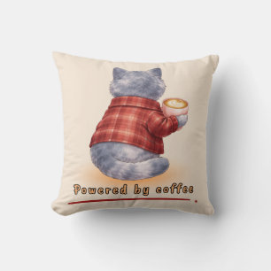 "Powered by Coffee" Cat Holding A Cup of Coffee Cushion