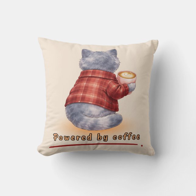 "Powered by Coffee" Cat Holding A Cup of Coffee Cushion (Front)