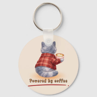 "Powered by Coffee" Cat Holding A Cup of Coffee Key Ring