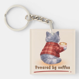 "Powered by Coffee" Cat Holding A Cup of Coffee Key Ring