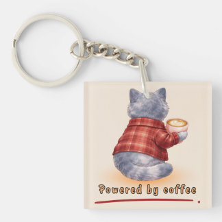 "Powered by Coffee" Cat Holding A Cup of Coffee Key Ring