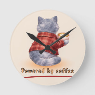 "Powered by Coffee" Cat Holding A Cup of Coffee Round Clock