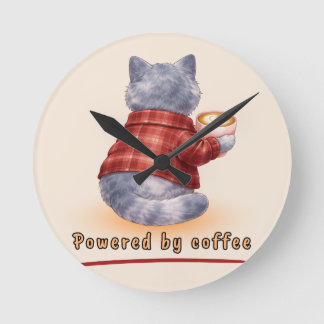 "Powered by Coffee" Cat Holding A Cup of Coffee Round Clock