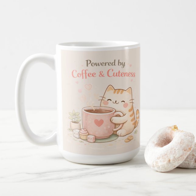 Powered by Coffee & Cuteness Cute Cat Sweet Cream Coffee Mug (With Donut)