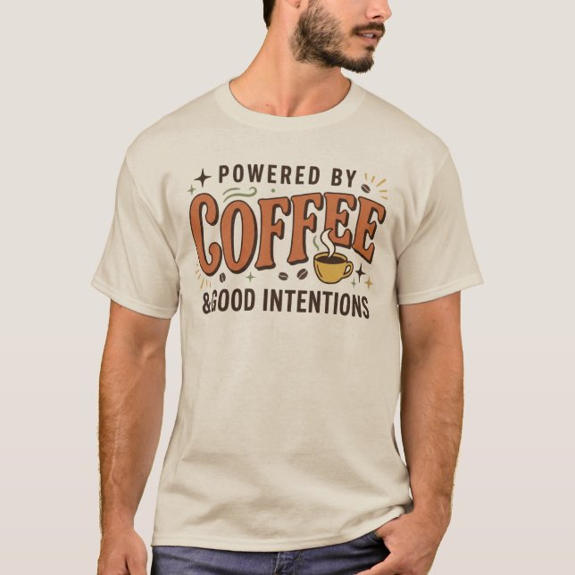 Powered By Coffee Retro 70s Typography T-Shirt (Front)