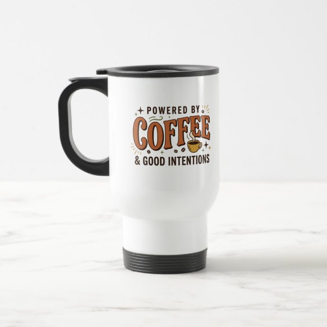 Powered By Coffee Retro 70s Typography Travel Mug (Left)