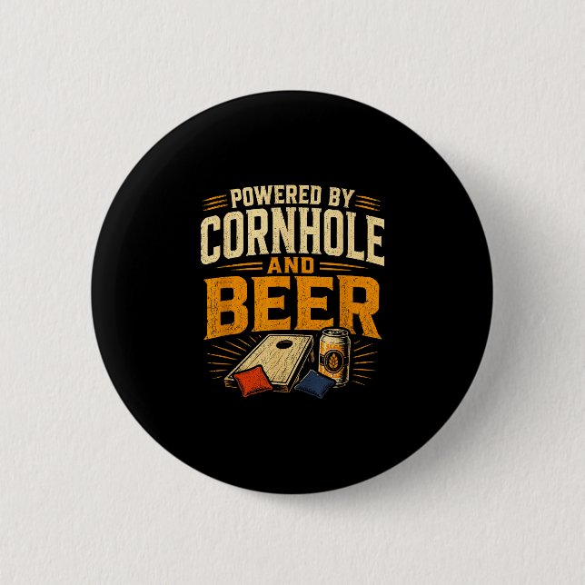 Powered by cornhole and beer funny tailgate 6 cm round badge (Front)