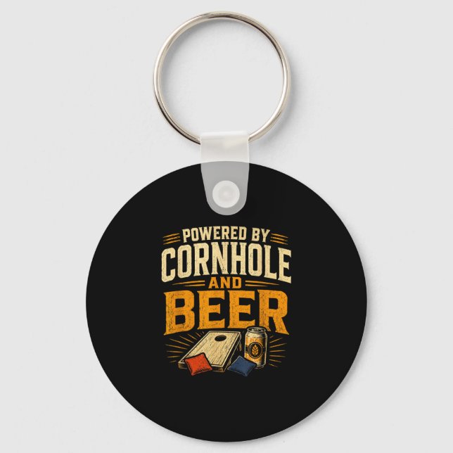 Powered by cornhole and beer funny tailgate key ring (Front)