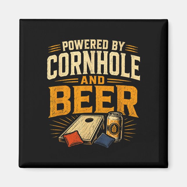 Powered by cornhole and beer funny tailgate magnet (Front)
