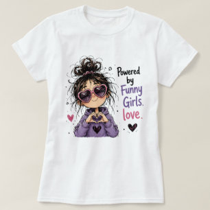Powered By Funny Girls Cute Messy Bun Heart Sungla T-Shirt