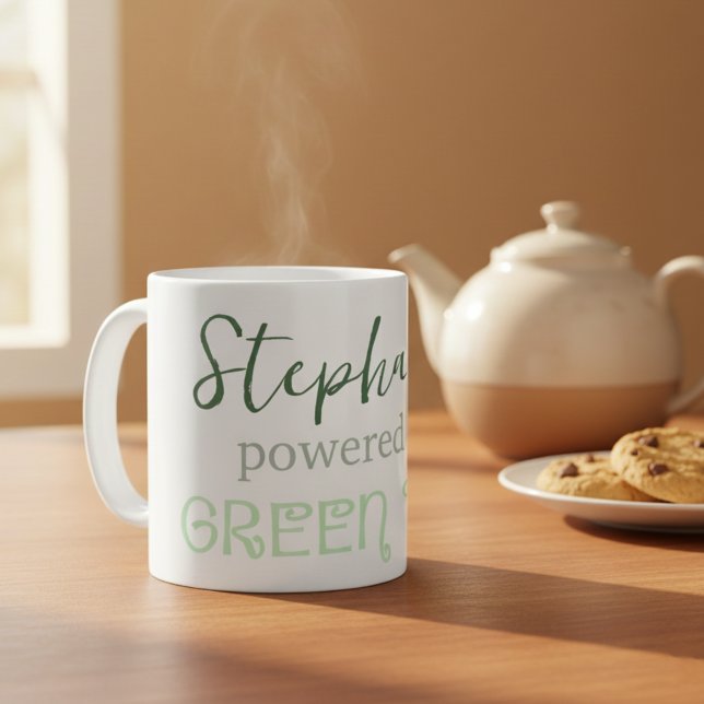 Powered by Green Tea Mug with Custom Name (Powered by green tea mug with custom name.)