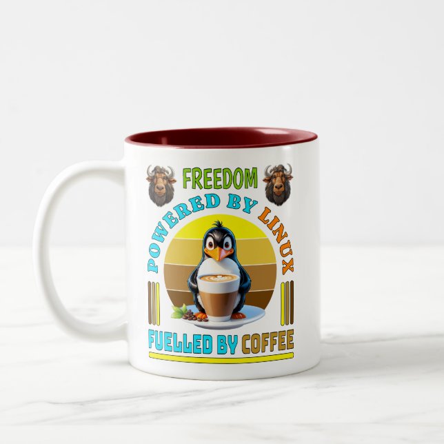 Powered By Linux - Fueled By Coffee Two-Tone Coffee Mug (Left)