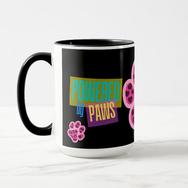 "Powered by Paws" Pink Hearts Design Mug (Left)