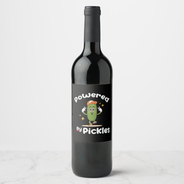 Powered By Pickles Food Pickle Funny Wine Label (Front)